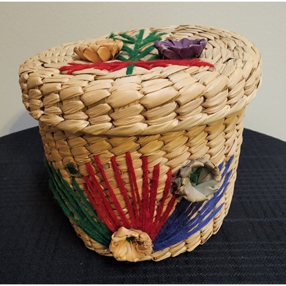 Vintage Straw Bucket Purse with Hand Embroidered Flowers